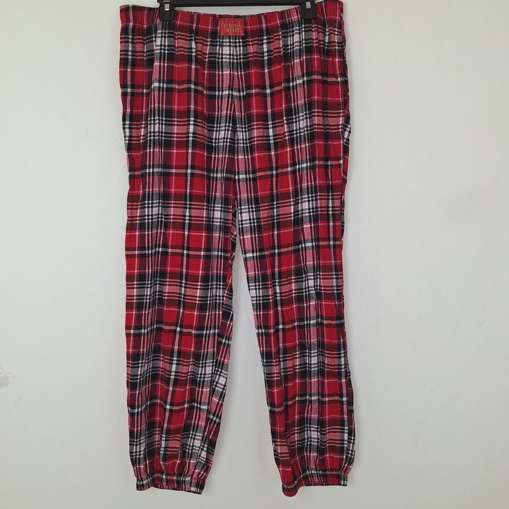 Cozy Plaid Pajama Joggers Victoria's Secret Large Red Black Pants Cuffed Ankles